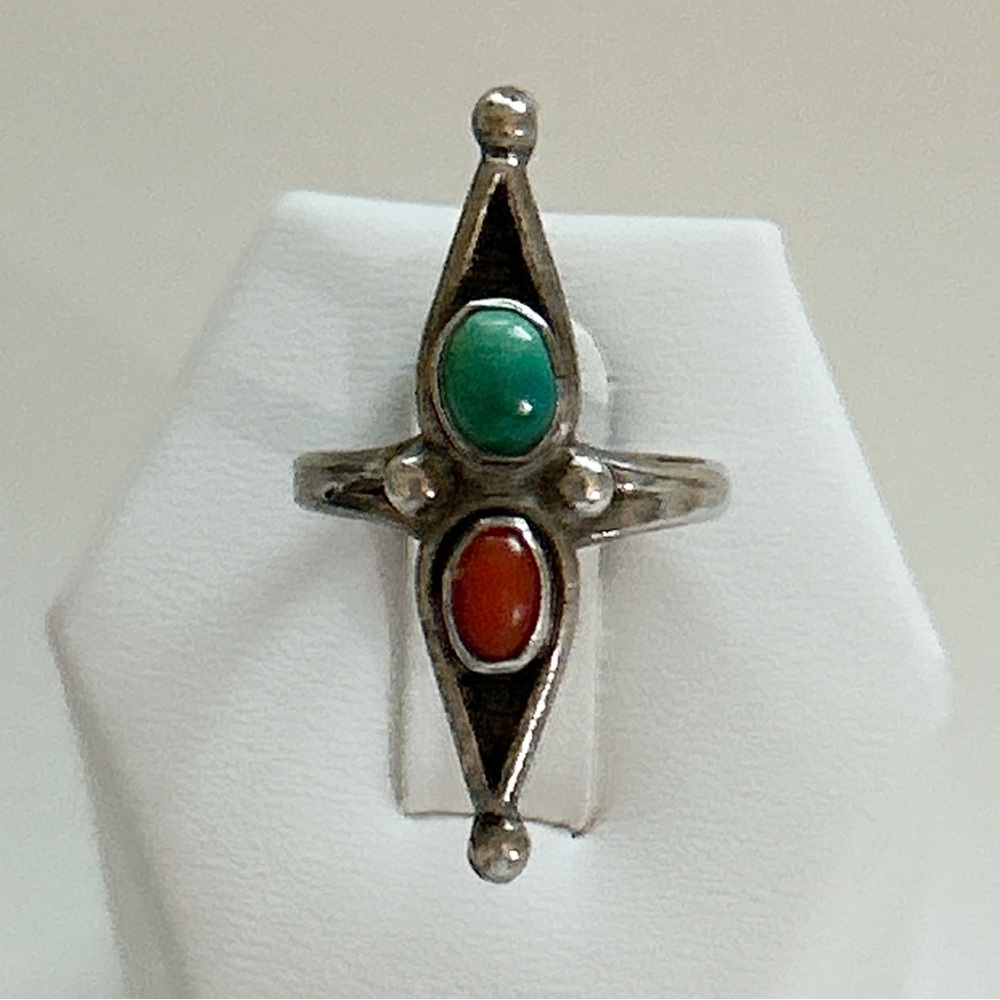 Vintage Southwestern Coral Turquoise Sterling Silver Ring - Picture 3 of 10